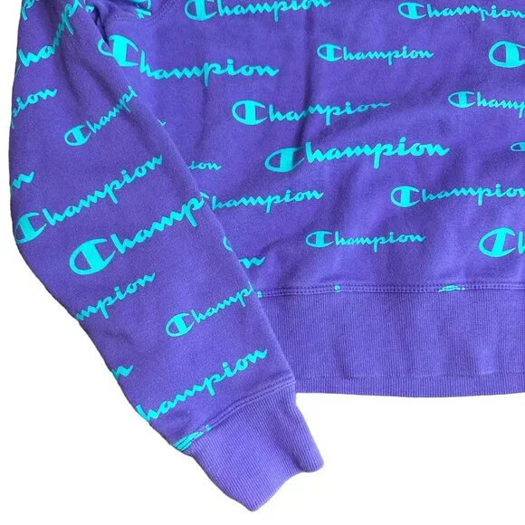 Champion Purple Logo Green Print Crop Sweatshirt Size Size S - Picture 4 of 8